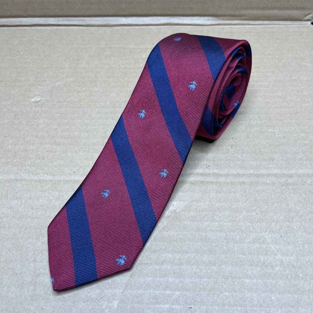 Vintage Brooks Brothers USA Skinny Tie Red Navy Stripe Sheep Logo 2.5" Wide